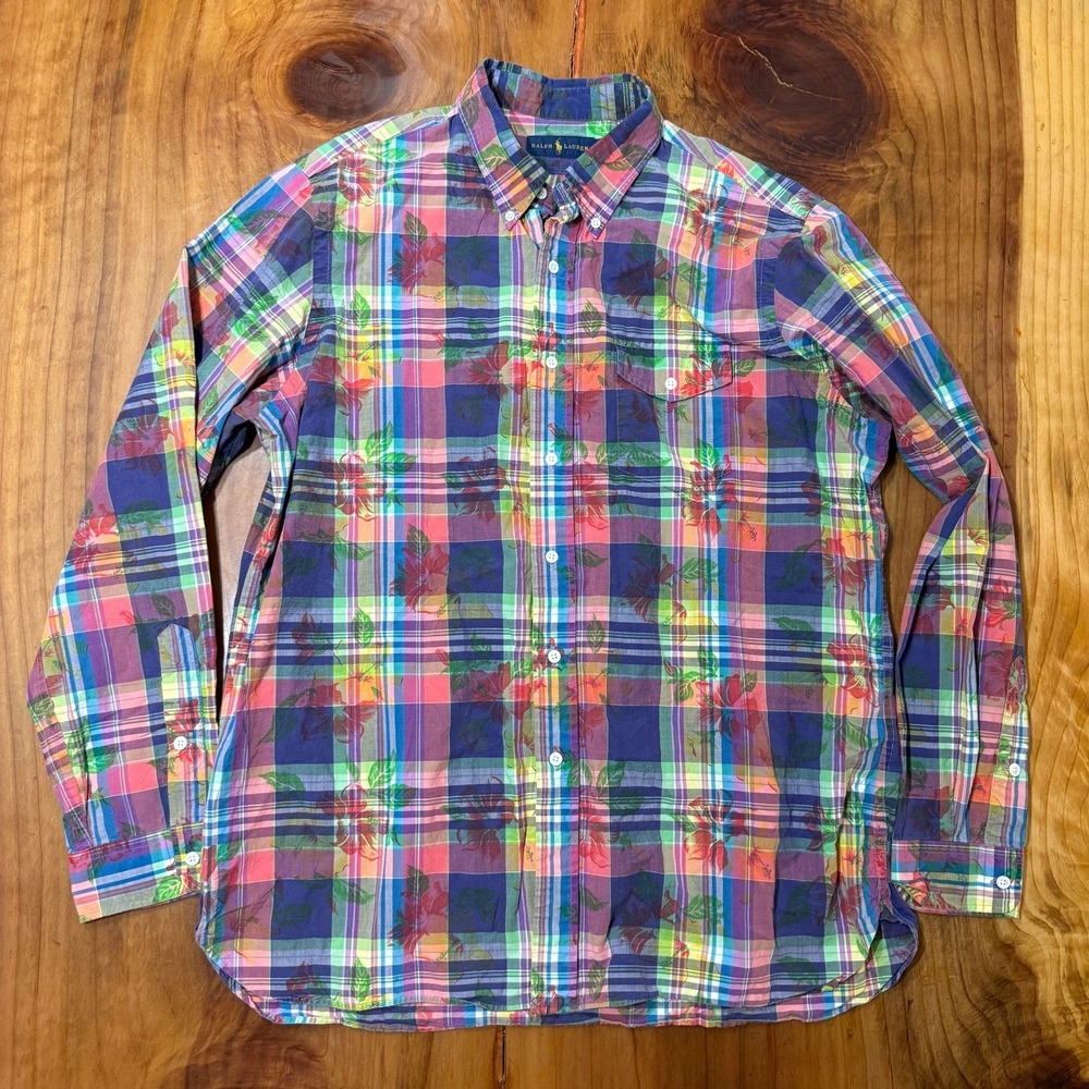 Ralph Lauren Shirt Mens XL Floral hawaiian Button Plaid Cotton Long Sleeve JJ19